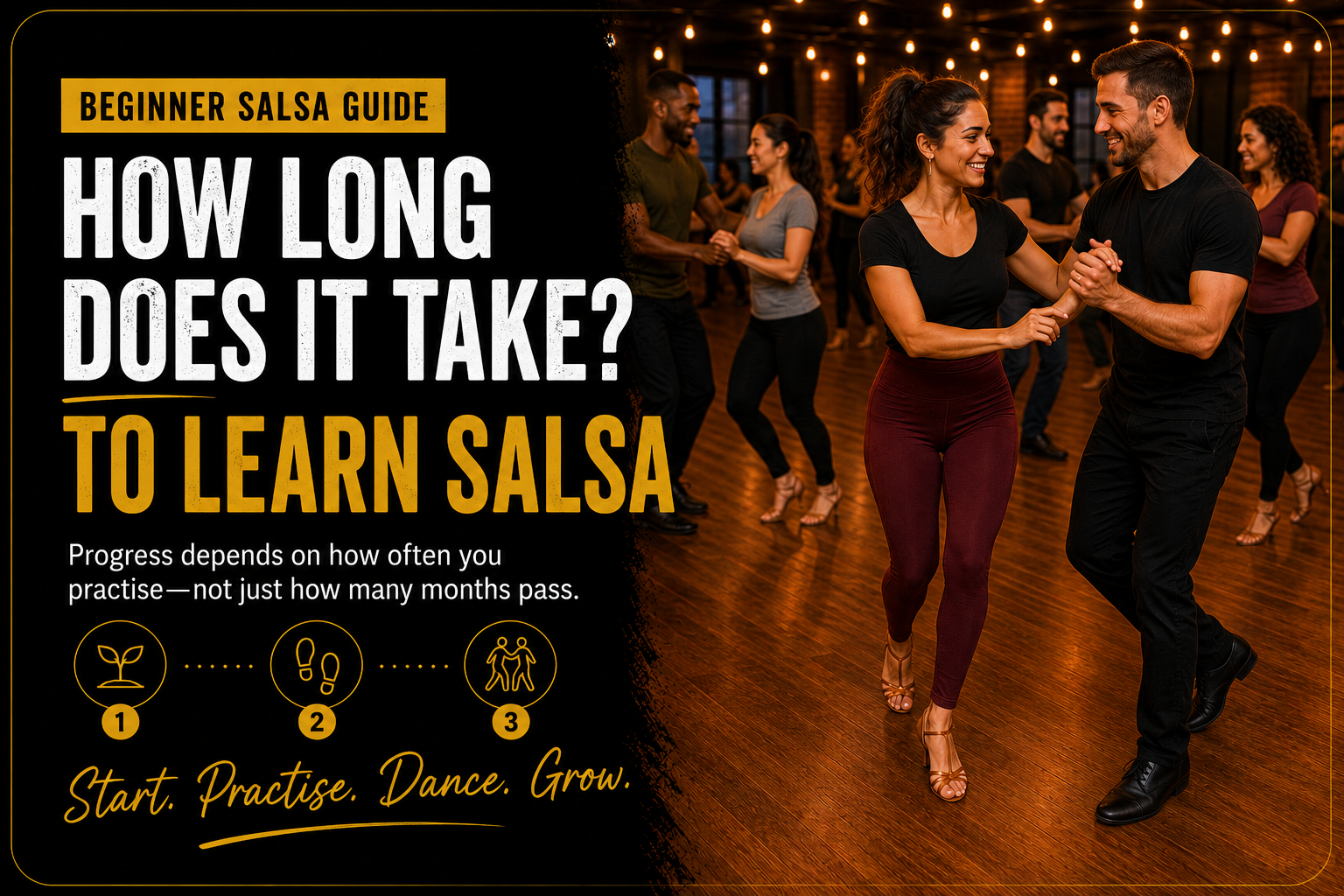 Image of people dancing at a salsa class with text overlaid describing the blog